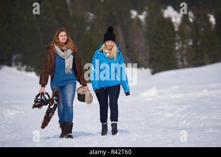 Les amis de belle journée d'hiver ont promenade détendue sur la neige Banque D'Images