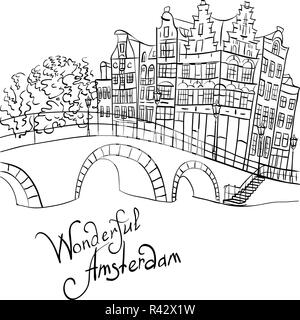 Vue sur la ville de vecteur d'Amsterdam canal et le pont Banque D'Images