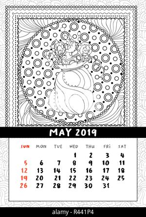 Santas sack avec des bonbons et des cadeaux, calendrier mai 2019. Noël Doodle sac plein de bonbons page de coloriage pour adultes et enfants. Le noir et blanc ligne fine art illustration vectorielle, le motif Illustration de Vecteur