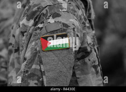 Etat de Palestine drapeau sur le bras de soldats (collage). Banque D'Images