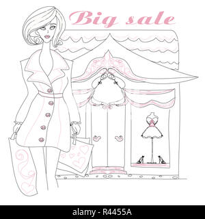 Illustration doodle girl shopping élégant Banque D'Images