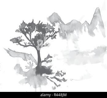 Mascara noir blanc chinois illustration de montagnes et d'arbres. Illustration de Vecteur