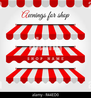 Série d'Auvents commerciaux. Shop, café ou restaurant symbole. Auvents rayés rouge et blanc. Auvent de fenêtre. Auvent à rayures frontière. Éléments de conception pour le Po Banque D'Images