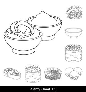 Des sushis et des contours d'assaisonnement des icônes dans la collection set pour la conception. L'alimentation de fruits de mer, symbole vecteur illustration stock d'accessoires. Illustration de Vecteur