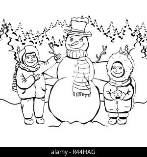 Les enfants font le Snowman, coloriage, dessin, caricature contour linéaire vector illustration noir et blanc, maison de l'arrière-plan. Mignon peint un garçon et fille Illustration de Vecteur