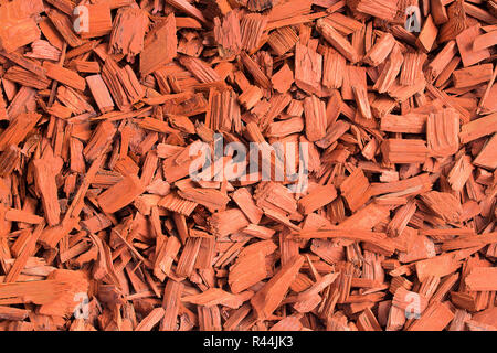 Copeaux de bois rouge. Texture naturelle historique de la pièces de bois de l'écorce des arbres. Les copeaux de bois, paillis pour jardinage ou thèmes naturels. Pic du châssis complet rempli Banque D'Images