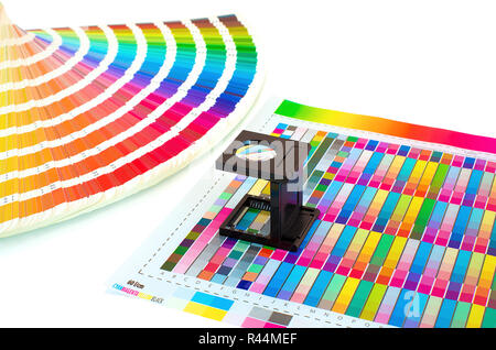 Loupe sur un échantillon de couleur imprimés isolé sur blanc. La gestion des couleurs dans les processus d'impression avec loupe et guide de peinture. Color selecti Banque D'Images