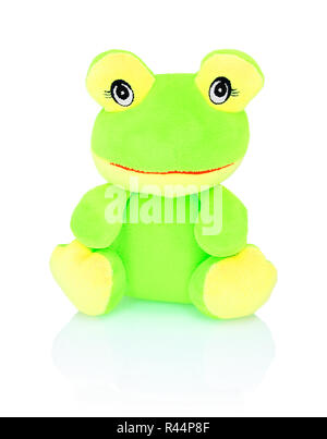 Neon green frog peluche jouet isolé sur fond blanc avec ombre de réflexion. Chartreuse poupée grenouille isolé sur fond blanc. Marionnette peluche peluche Banque D'Images