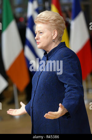 Bruxelles, Belgique. 25Th Nov, 2018. Le Président de la Lituanie, Dalia Grybauskaite parle aux médias lorsqu'elle arrive à un Brexit sommet à Bruxelles, Belgique, le 25 novembre 2018. Credit : Ye Pingfan/Xinhua/Alamy Live News Banque D'Images