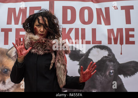 Madrid, Espagne, 25 novembre 2018.de pro-activiste animal animal rights group 'Gladiadores por la paz" (pour la paix) gladiateurs couverts de faux sang d'effectuer une manifestation sous le slogan 'Catwalk de la souffrance", pour protester contre l'utilisation de peaux d'animaux dans l'industrie de la fourrure. Credit : Marcos del Mazo/Alamy Live News Banque D'Images