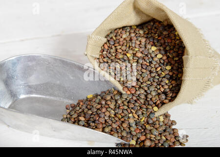 Les lentilles dans de petits sacs de jute avec pelle de cuisine Banque D'Images