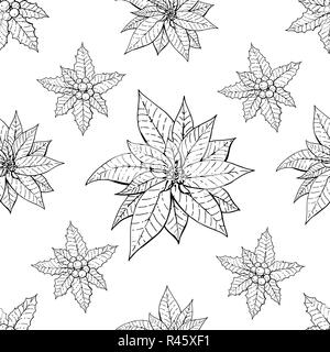 Modèle sans couture avec homeplant traditionnel poinsettia et holly plante. Texture sans fin avec des fleurs utilisées à l'intérieur. Vector illustration monochrome. Illustration de Vecteur