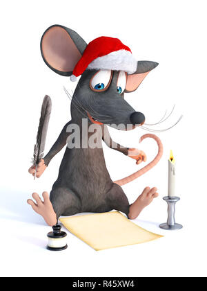 Souris Cartoon wearing Santa hat et écrit la liste de souhaits de Noël. Banque D'Images