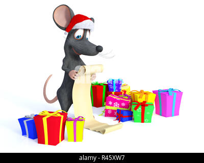 Souris Cartoon wearing Santa hat et lire de longs wishlist de Noël. Banque D'Images