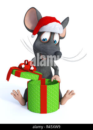 Souris Cartoon wearing Santa hat et ouverture de cadeau de Noël. Banque D'Images