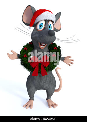 Souris de dessin animé portant couronne de Noël. Banque D'Images