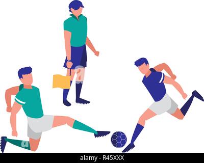 Ligne de soccer avatar arbitre et joueurs jouant sur fond blanc, vector illustration Illustration de Vecteur