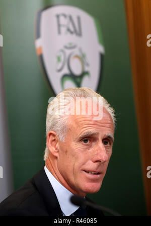 Nouvelle République d'Irlande manager Mick McCarthy au cours d'une conférence de presse à l'Aviva Stadium de Dublin. Banque D'Images