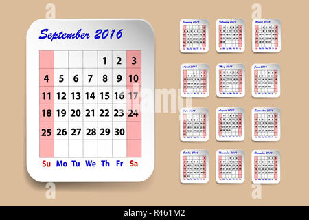 Calendrier pour septembre2016 Banque D'Images