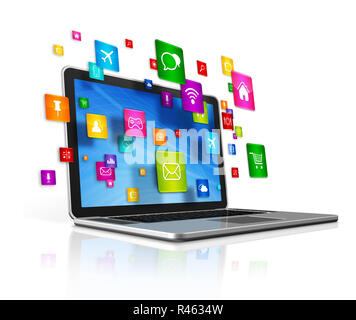Ordinateur portable et battant les icônes des apps sur un fond blanc Banque D'Images