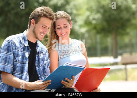 Couple d'étudiants heureux d'étudier ensemble assis dans un campus Banque D'Images