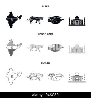 Pays Inde,noir,monochrome set d'icônes dans les grandes lignes de la collection design.L'Inde et monument symbole vecteur illustration de stock. Illustration de Vecteur