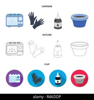 Des gants de caoutchouc, encre et autres équipements. Tattoo collection set icons in cartoon,télévision,contour symbole style vector illustration stock . Illustration de Vecteur