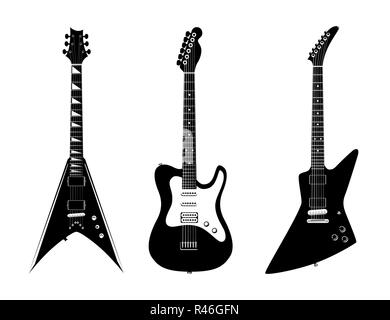 Verious guitares électriques vector illustration couleur noir isolé sur fond blanc - instruments de musique rock. Illustration de Vecteur