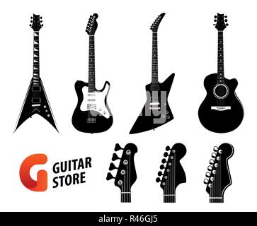 Jeu de silhouettes de guitare noir couleur isolé sur blanc. Guitares acoustiques et électriques et Logo pour magasin de musique. Illustration de Vecteur
