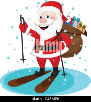 Le Père Noël est le ski avec un sac de cadeaux derrière son dos sur un fond blanc. Caractère de Noël. Illustration de Vecteur