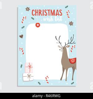 Carte de vœux de Noël mignon, liste de souhaits. Le renne avec des cannes de bonbon, branches de sapins, gingerbread cookies, paquets cadeaux et de la neige. Hand drawn vector illustration arrière-plan. Illustration de Vecteur