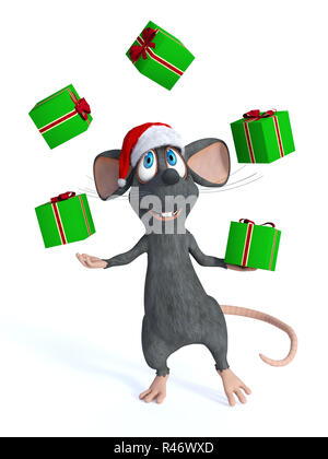 Souris Cartoon juggling cadeaux de Noël. Banque D'Images