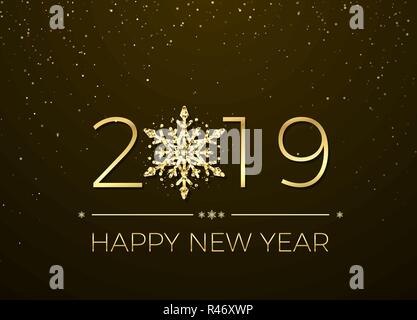 Bonne année 2019. Texte carte de voeux design. Nouvelle ans bannière avec numéros d'or et snowflake. Vector illustration Illustration de Vecteur