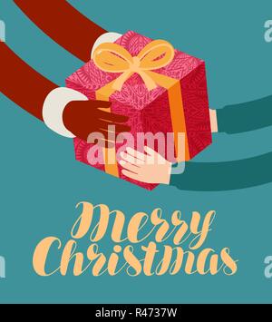 Noël, carte de vœux. Le Père Noël donne un don. Cartoon vector illustration Illustration de Vecteur