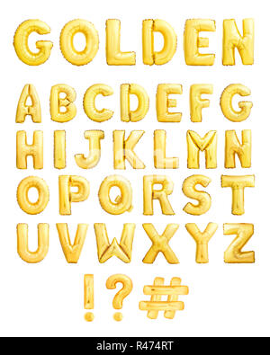 Alphabet complet fait de ballons gonflables d'or isolated on white Banque D'Images