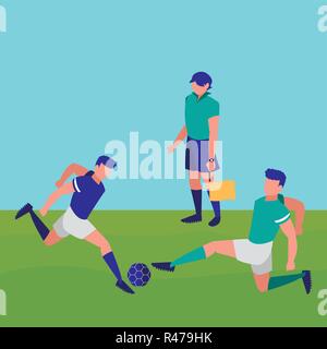 Ligne de soccer avatar arbitre et joueurs jouant sur fond de terrain, vector illustration Illustration de Vecteur