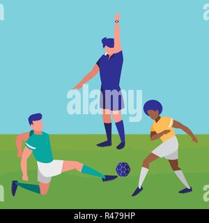 Arbitre de football avatar et les joueurs jouant sur fond de terrain, vector illustration Illustration de Vecteur