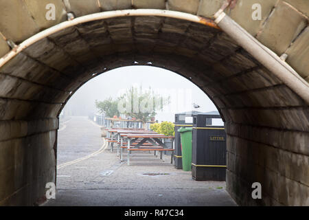 Tôt le matin, dans la brume, au bord de la rivière, avant que la ville de Bewdley ne se réveille.Les tables et les plantes vides ne sont pas encore en place pour les échanges de la journée. Banque D'Images