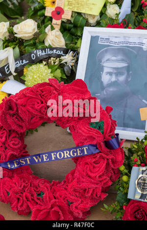 Tributs floraux au Mémorial National Australien et mémorial aux disparus de l'Australie à l'occasion du centenaire de l'Armistice, Villers-Bretonneux, France Banque D'Images