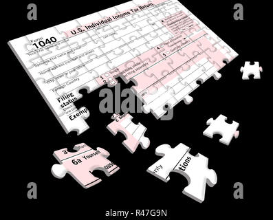 Un formulaire d'impôt fédéral de 1040 transformé en un puzzle illustre l'idée de mettre ensemble votre info taxe déroutant pour produire une déclaration de revenus. Banque D'Images