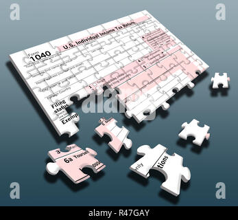 Un formulaire d'impôt fédéral de 1040 transformé en un puzzle illustre l'idée de mettre ensemble votre info taxe déroutant pour produire une déclaration de revenus. Banque D'Images