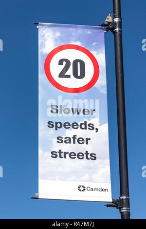 20mph bannière de sécurité, West End Lane, West Hampstead, London Borough of Camden, Greater London, Angleterre, Royaume-Uni Banque D'Images