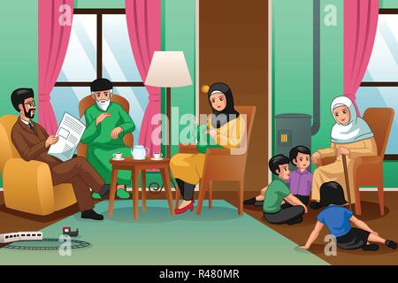 Un vecteur illustration de famille musulmane à la maison Illustration de Vecteur