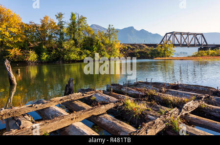 Paysage d'automne avec une vieille jetée en bois pourri en ruine dans la baie de la rivière Columbia, avec l'automne jaune des arbres sur la rive et un pont ferroviaire ove Banque D'Images