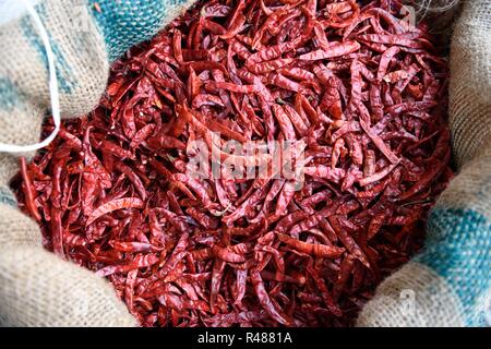 Piments rouges séchés indiens, panier de piments rouges dans un marché aux épices du Rajasthan, Inde Banque D'Images