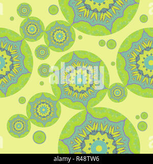 Résumé Contexte géométrique, floral transparente motif cercles en vert et bleu avec des tons jaune pâle sur violet Banque D'Images