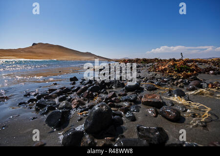 Vue sur une plage de sable et de pierres dans la réserve de Paracas Banque D'Images