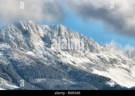 Journée ensoleillée d'un hiver, sur la Transylvanie sauvages collines avec des montagnes de Bucegi en arrière-plan.. 09.01.2016. Sirnea. La Roumanie. Clé faible, fond sombre, de spots, et riche d'anciens maîtres Banque D'Images