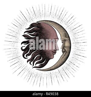 Face Au Soleil Et Lune Dessin A La Main Vintage Argent Gravure Detail Ligne Style Pour Tatouage Image Vectorielle Stock Alamy