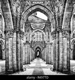 Des ruines historiques de l'abbaye abandonnée en noir et blanc Banque D'Images